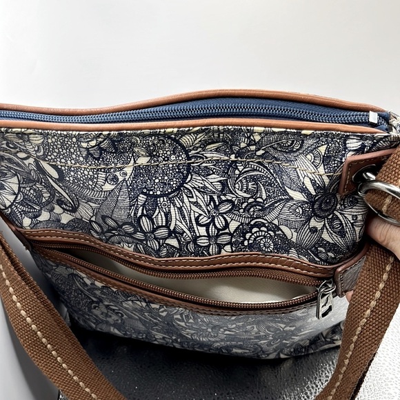 SAKROOTS CROSSBODY/SHOULDER BAG-NAVY/WHITE DESIGNS-LEATHER LIKE ACCENTS - Picture 7 of 9